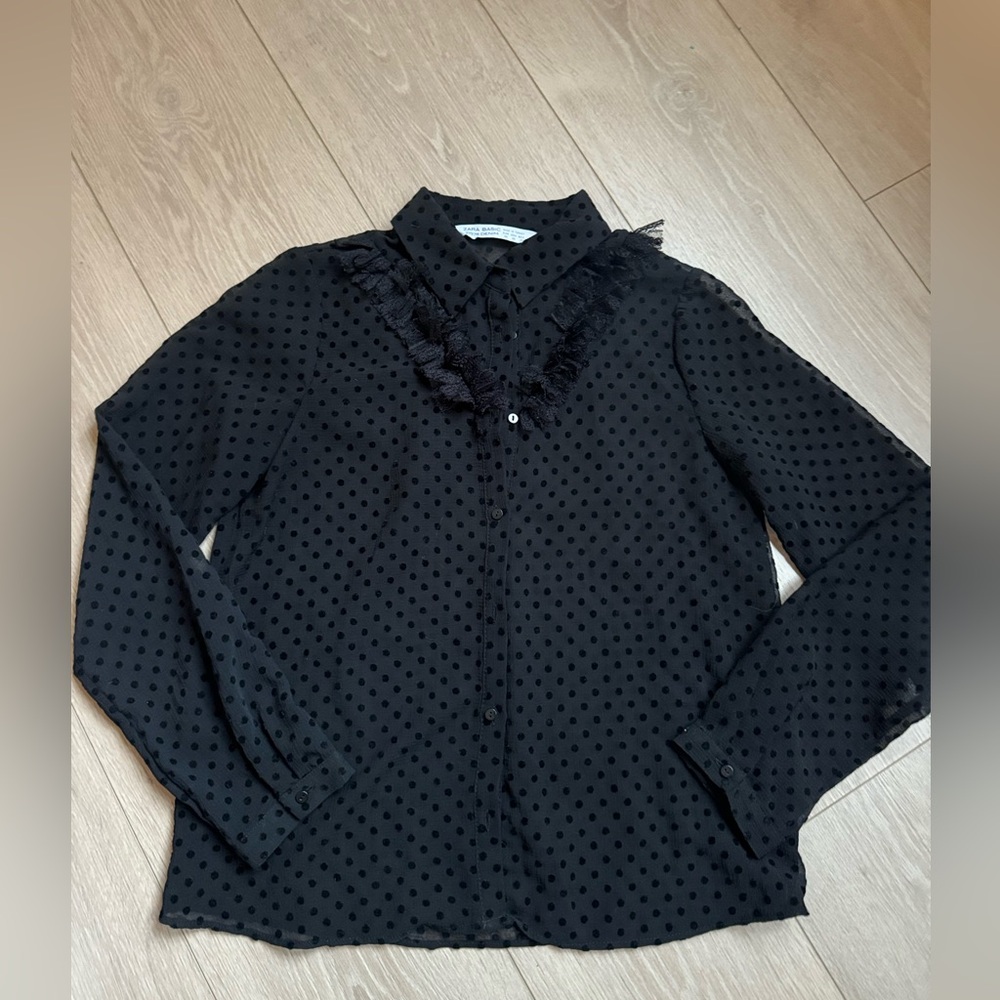 ZARA Polka Dot Flocked Semi-sheer Ruffle Blouse XS EXCELLENT